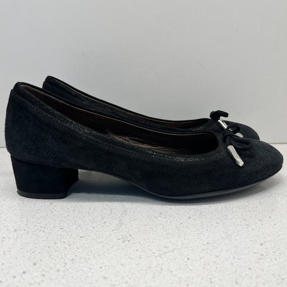 AGL Pump Black Leather Suede Shoes Round Toe Bow Accent Block Heels Sz 36 1/2 - Picture 1 of 14